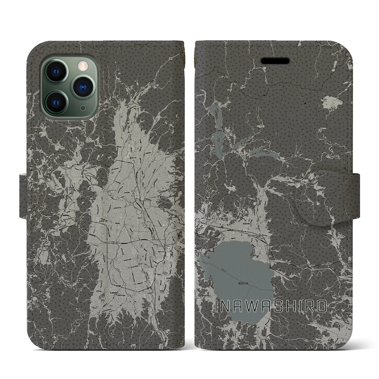 【猪苗代(福島県)】地図柄iPhoneケース(手帳タイプ)モノトーン・iPhone 11 Pro 用