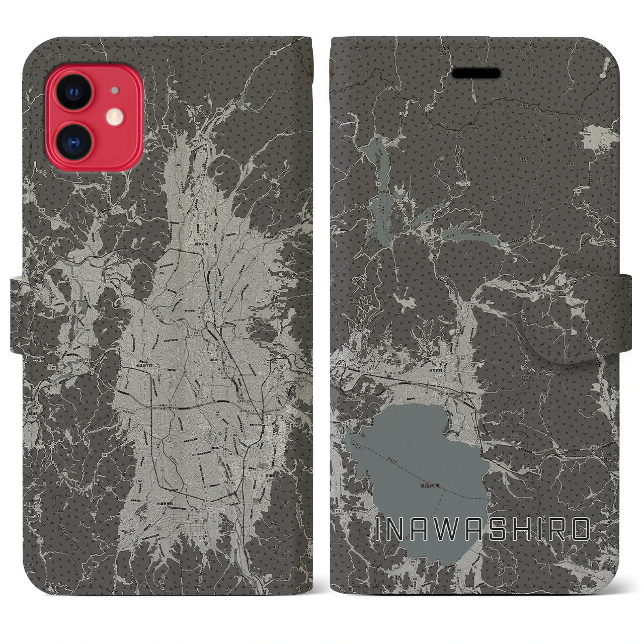 【猪苗代(福島県)】地図柄iPhoneケース(手帳タイプ)モノトーン・iPhone 11 用