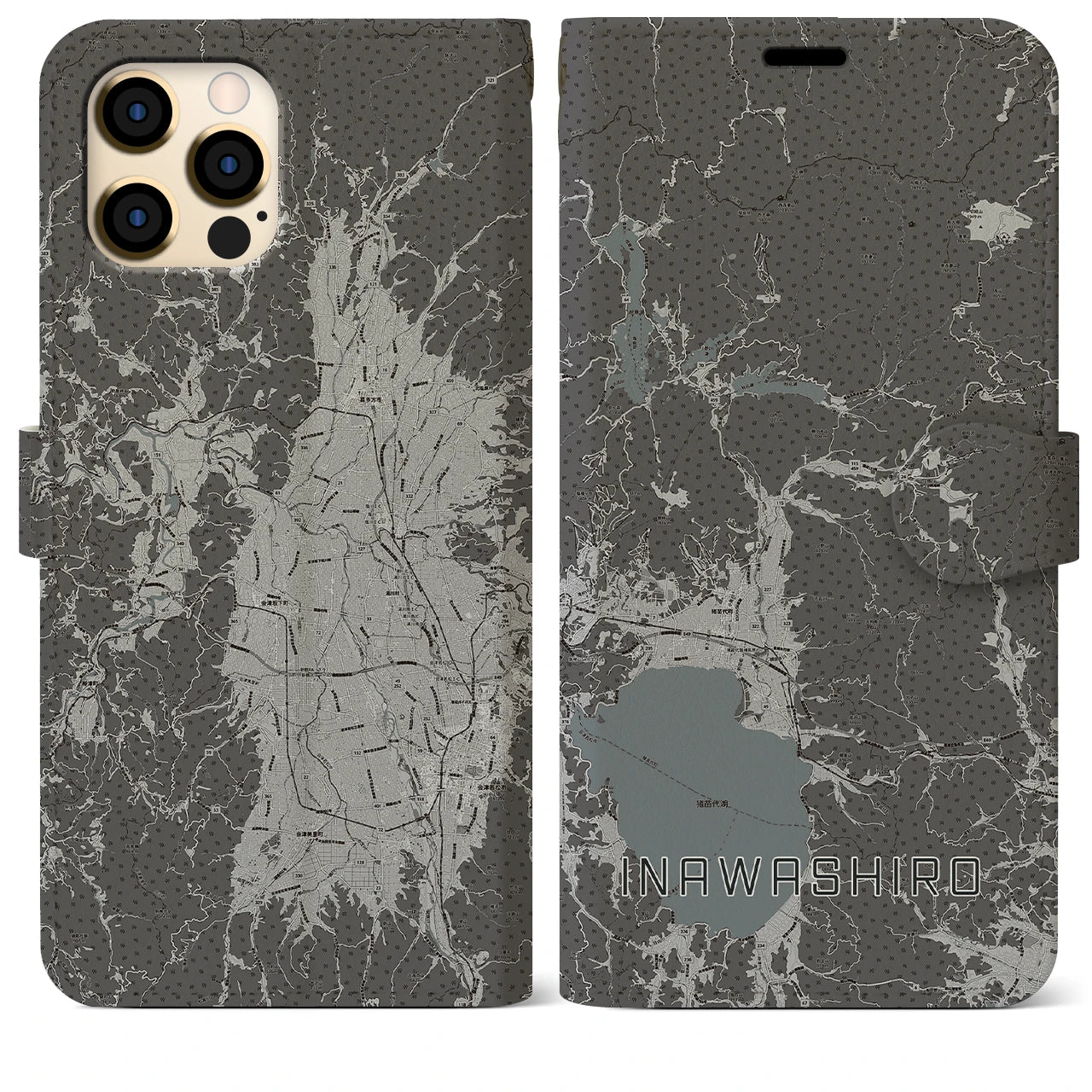 【猪苗代(福島県)】地図柄iPhoneケース(手帳タイプ)モノトーン・iPhone 12 Pro Max 用