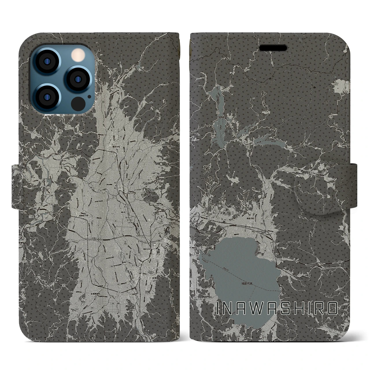 【猪苗代(福島県)】地図柄iPhoneケース(手帳タイプ)モノトーン・iPhone 12 / 12 Pro 用