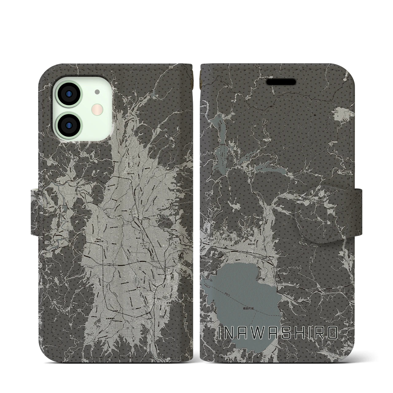 【猪苗代(福島県)】地図柄iPhoneケース(手帳タイプ)モノトーン・iPhone 12 mini 用