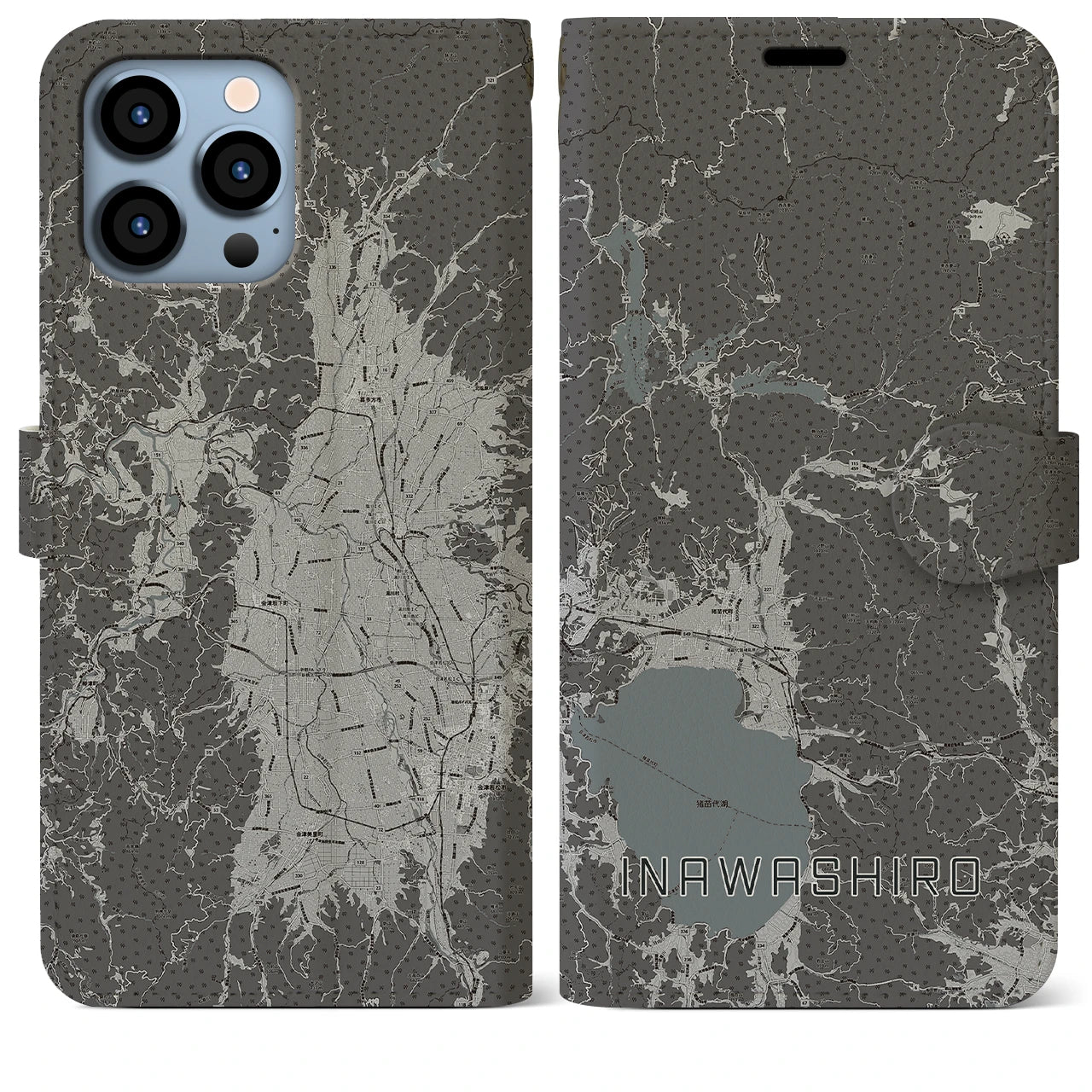 【猪苗代(福島県)】地図柄iPhoneケース(手帳タイプ)モノトーン・iPhone 13 Pro Max 用