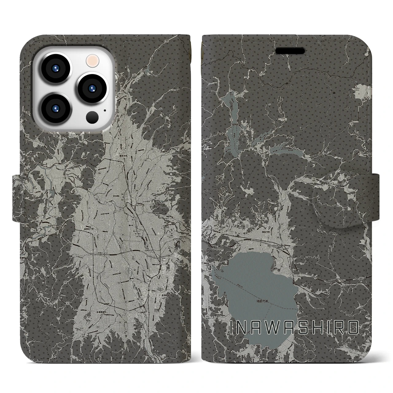 【猪苗代(福島県)】地図柄iPhoneケース(手帳タイプ)モノトーン・iPhone 13 Pro 用