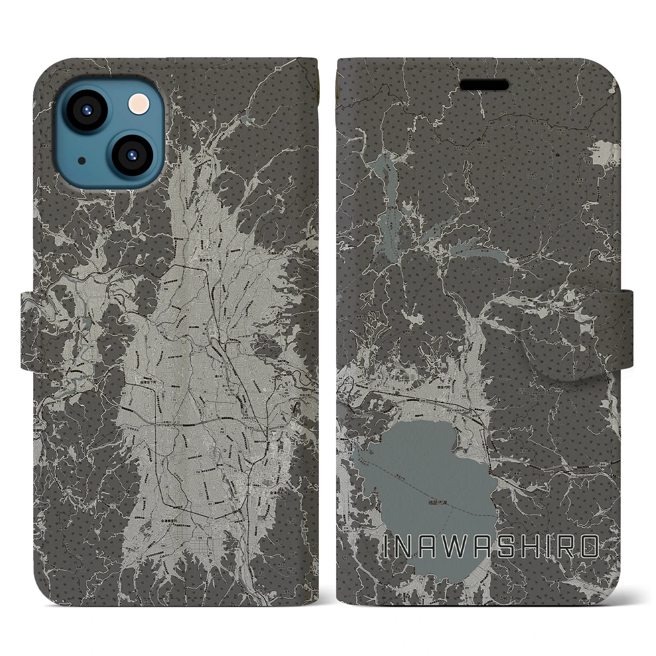【猪苗代(福島県)】地図柄iPhoneケース(手帳タイプ)モノトーン・iPhone 13 用