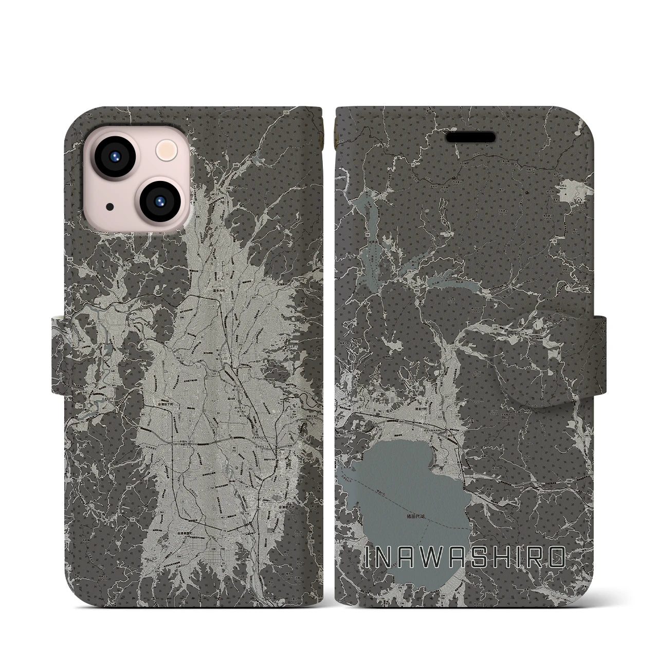 【猪苗代(福島県)】地図柄iPhoneケース(手帳タイプ)モノトーン・iPhone 13 mini 用