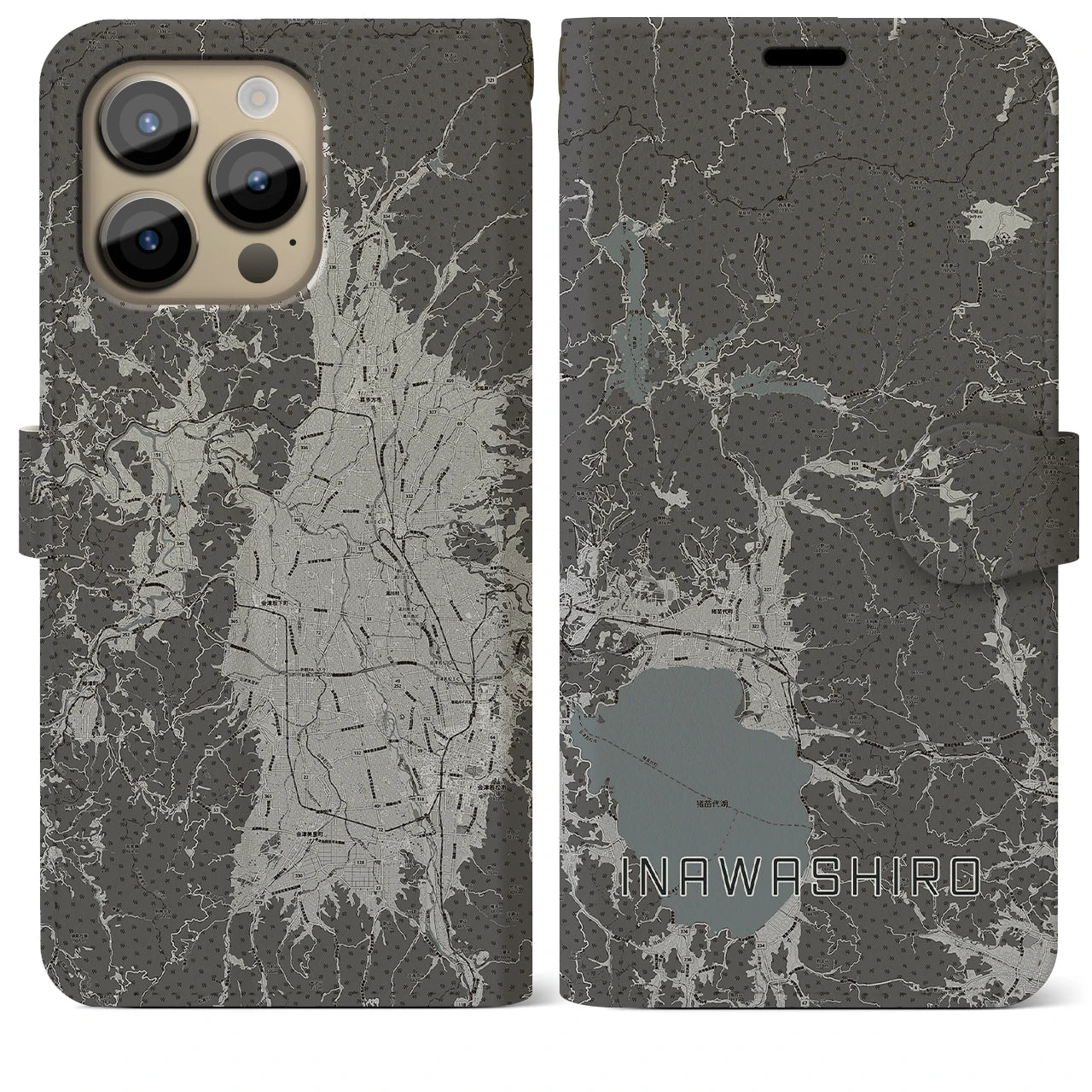 【猪苗代(福島県)】地図柄iPhoneケース(手帳タイプ)モノトーン・iPhone 14 Pro Max 用