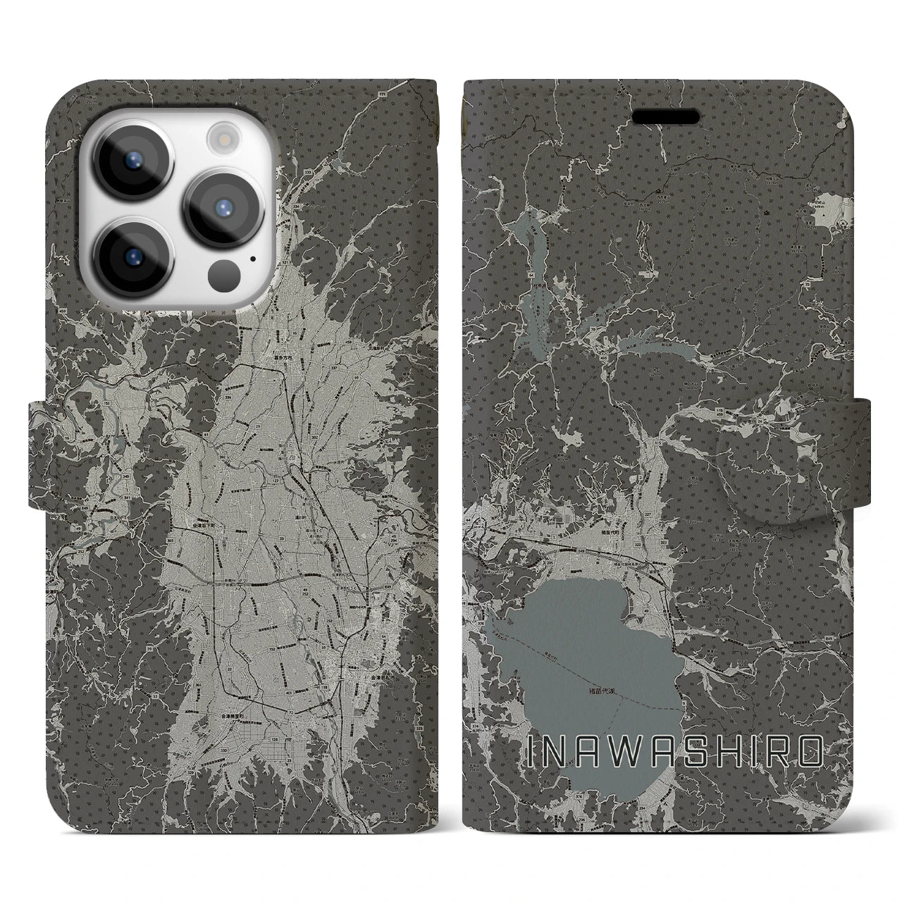 【猪苗代(福島県)】地図柄iPhoneケース(手帳タイプ)モノトーン・iPhone 14 Pro 用