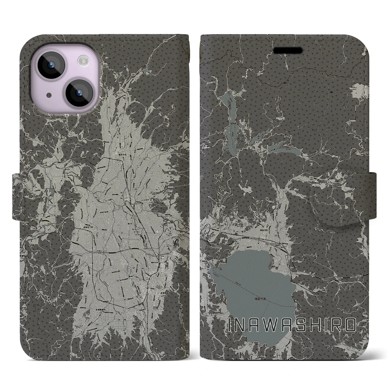 【猪苗代(福島県)】地図柄iPhoneケース(手帳タイプ)モノトーン・iPhone 14 用