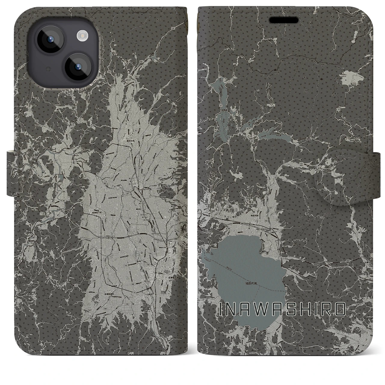【猪苗代(福島県)】地図柄iPhoneケース(手帳タイプ)モノトーン・iPhone 14 Plus 用