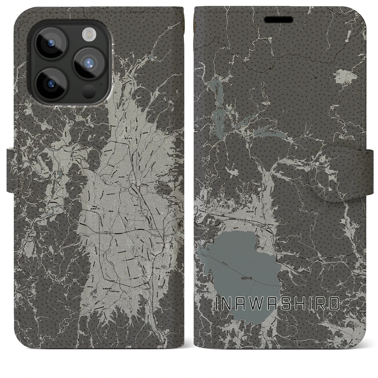 【猪苗代(福島県)】地図柄iPhoneケース(手帳タイプ)モノトーン・iPhone 15 Pro Max 用