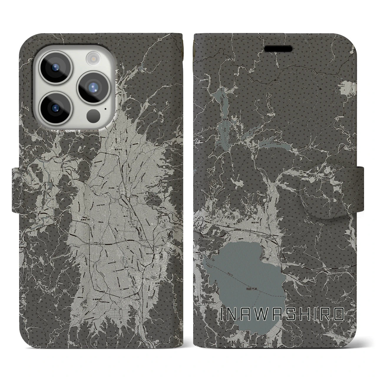 【猪苗代(福島県)】地図柄iPhoneケース(手帳タイプ)モノトーン・iPhone 15 Pro 用