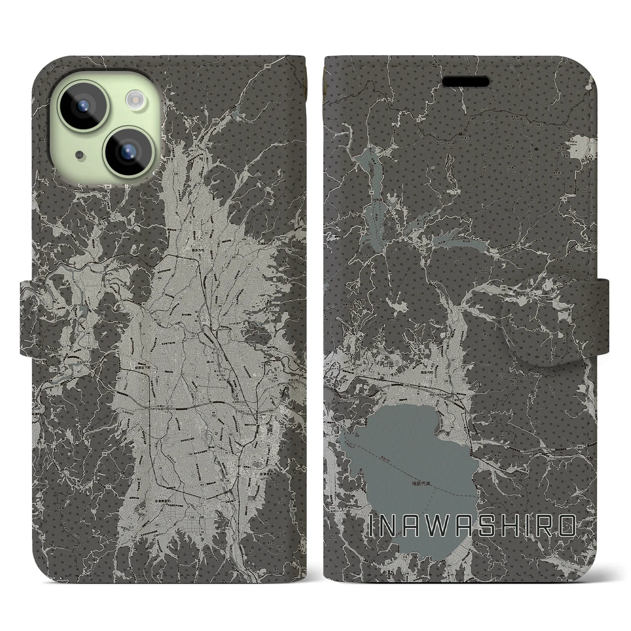【猪苗代(福島県)】地図柄iPhoneケース(手帳タイプ)モノトーン・iPhone 15 用