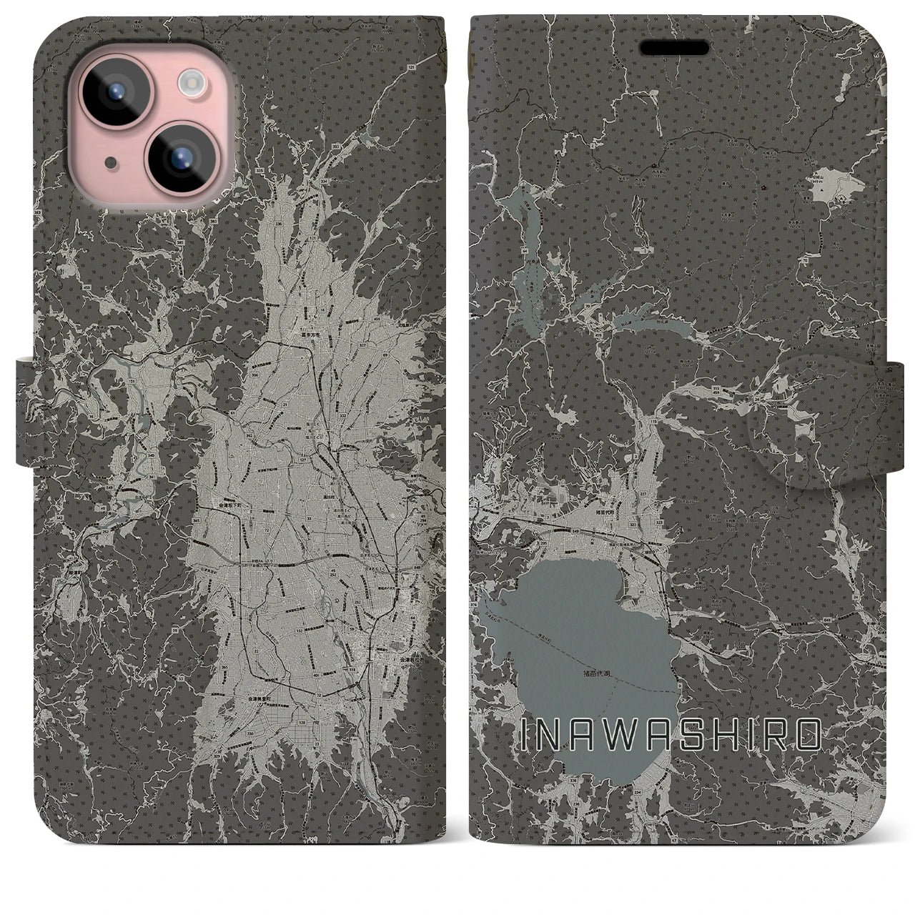 【猪苗代(福島県)】地図柄iPhoneケース(手帳タイプ)モノトーン・iPhone 15 Plus 用