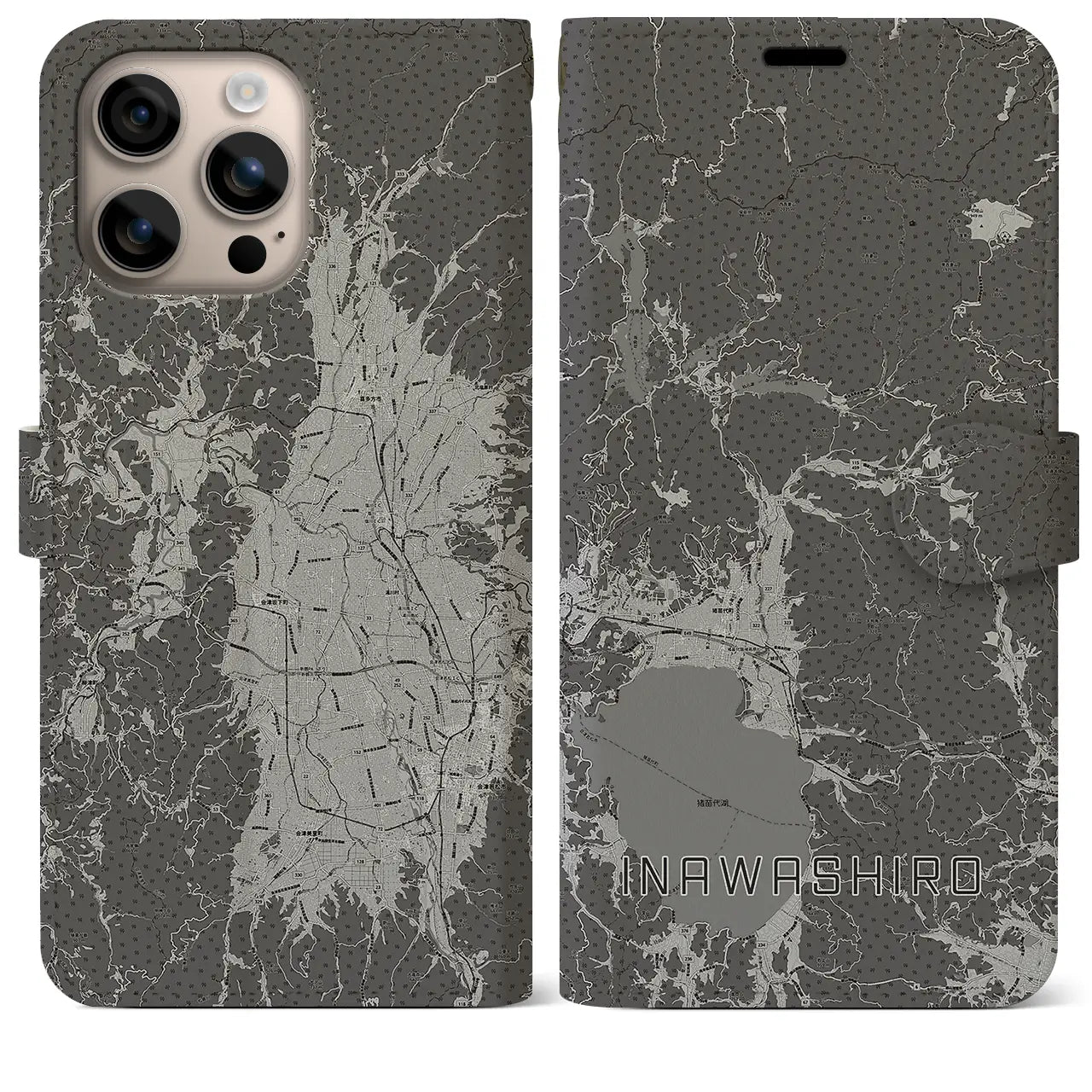 【猪苗代(福島県)】地図柄iPhoneケース(手帳タイプ)モノトーン・iPhone 16 Plus 用