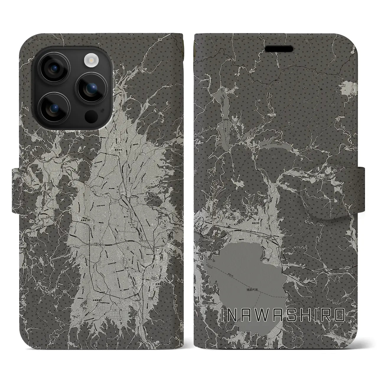 【猪苗代(福島県)】地図柄iPhoneケース(手帳タイプ)モノトーン・iPhone 16 用