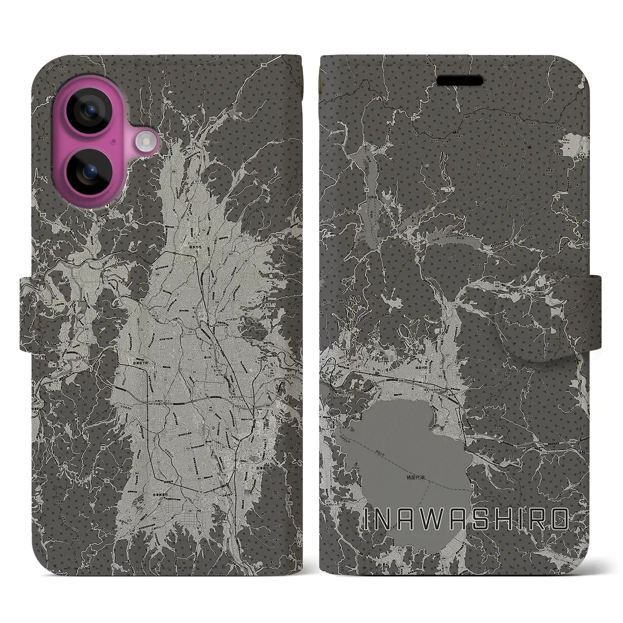 【猪苗代(福島県)】地図柄iPhoneケース(手帳タイプ)モノトーン・iPhone 16 Pro 用