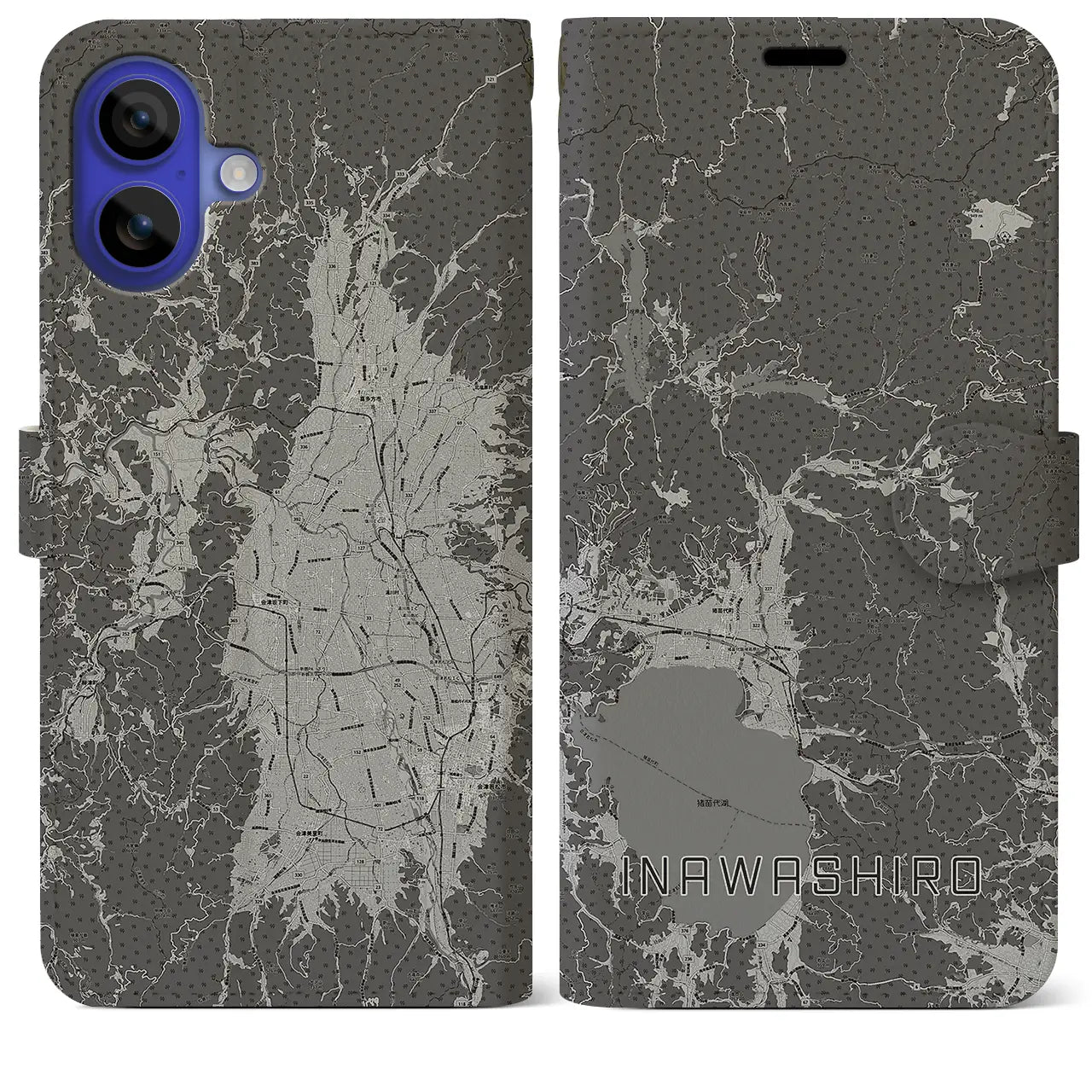 【猪苗代(福島県)】地図柄iPhoneケース(手帳タイプ)モノトーン・iPhone 16 Pro Max 用