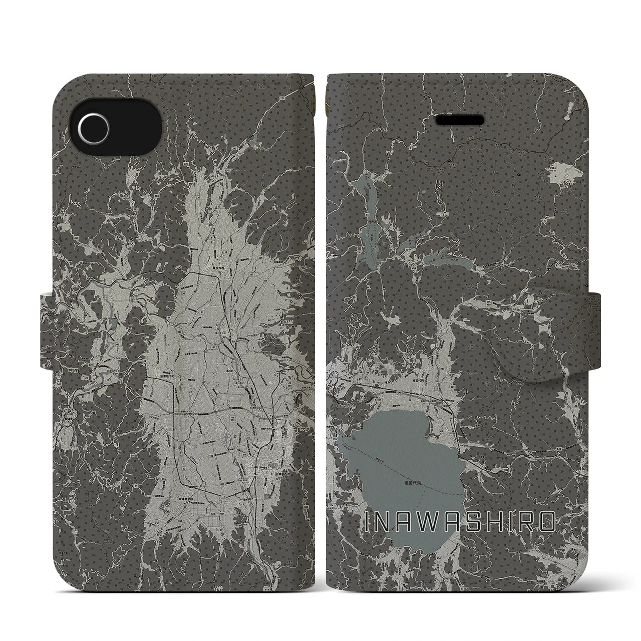 【猪苗代(福島県)】地図柄iPhoneケース(手帳タイプ)モノトーン・iPhone SE(第3 / 第2世代) / 8 / 7 / 6s / 6 用