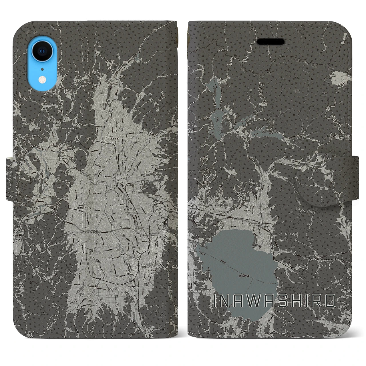 【猪苗代(福島県)】地図柄iPhoneケース(手帳タイプ)モノトーン・iPhone XR 用