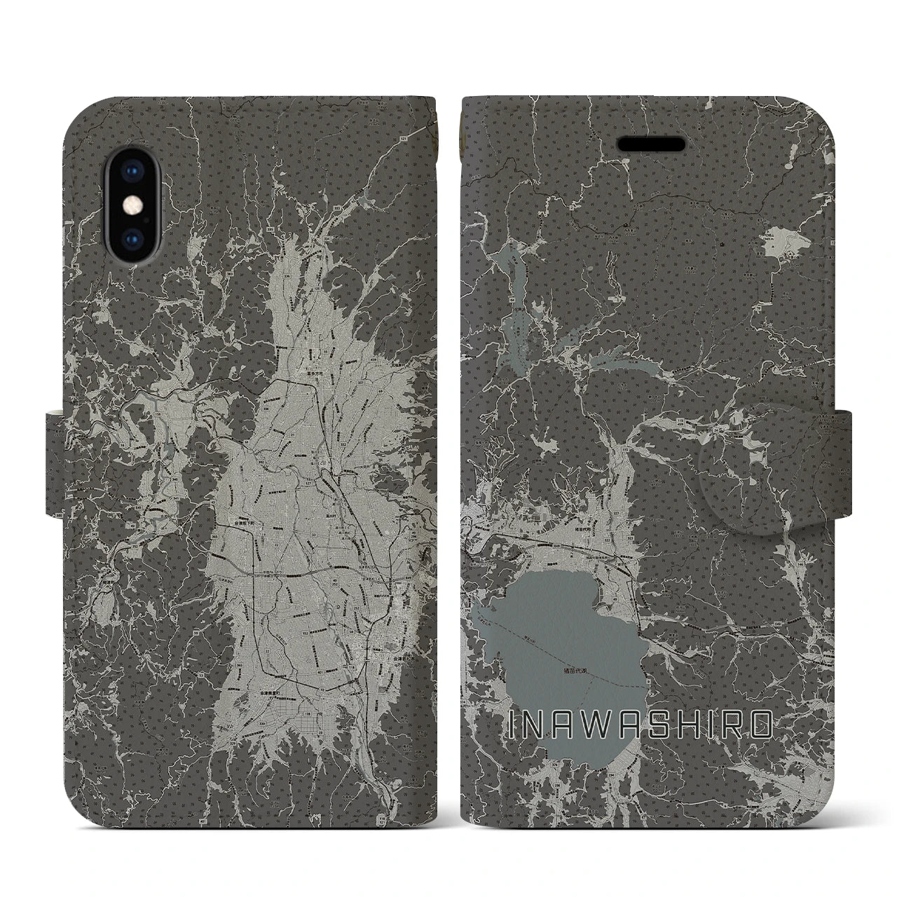 【猪苗代(福島県)】地図柄iPhoneケース(手帳タイプ)モノトーン・iPhone XS / X 用