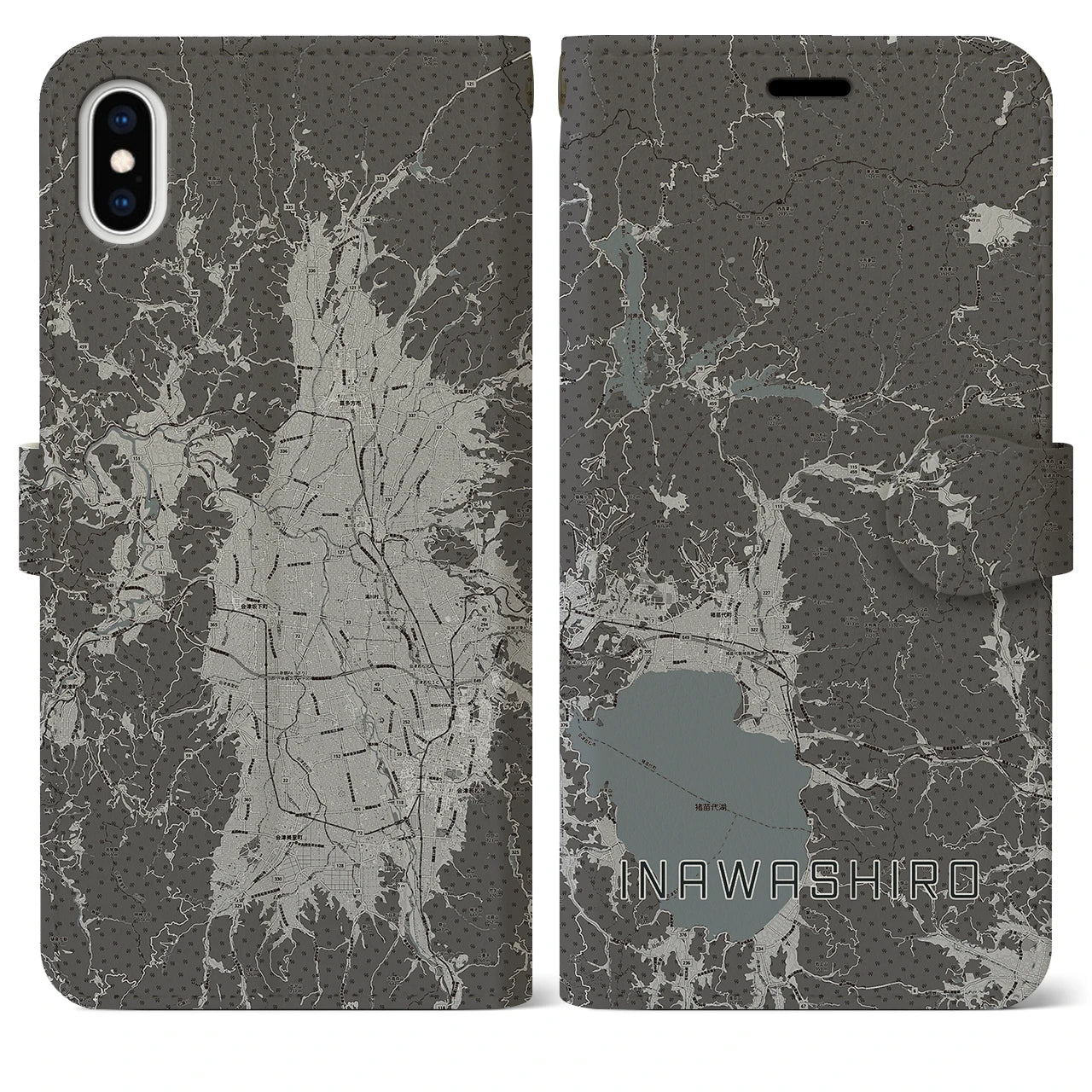 【猪苗代(福島県)】地図柄iPhoneケース(手帳タイプ)モノトーン・iPhone XS Max 用