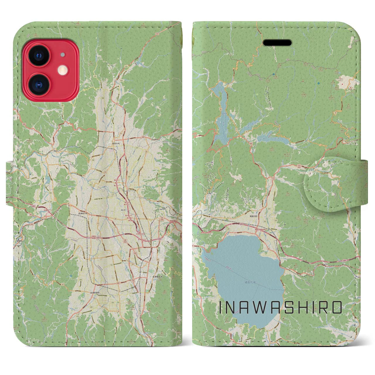 【猪苗代(福島県)】地図柄iPhoneケース(手帳タイプ)ナチュラル・iPhone 11 用