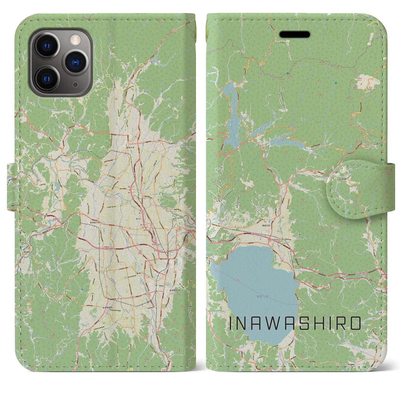 【猪苗代(福島県)】地図柄iPhoneケース(手帳タイプ)ナチュラル・iPhone 11 Pro Max 用