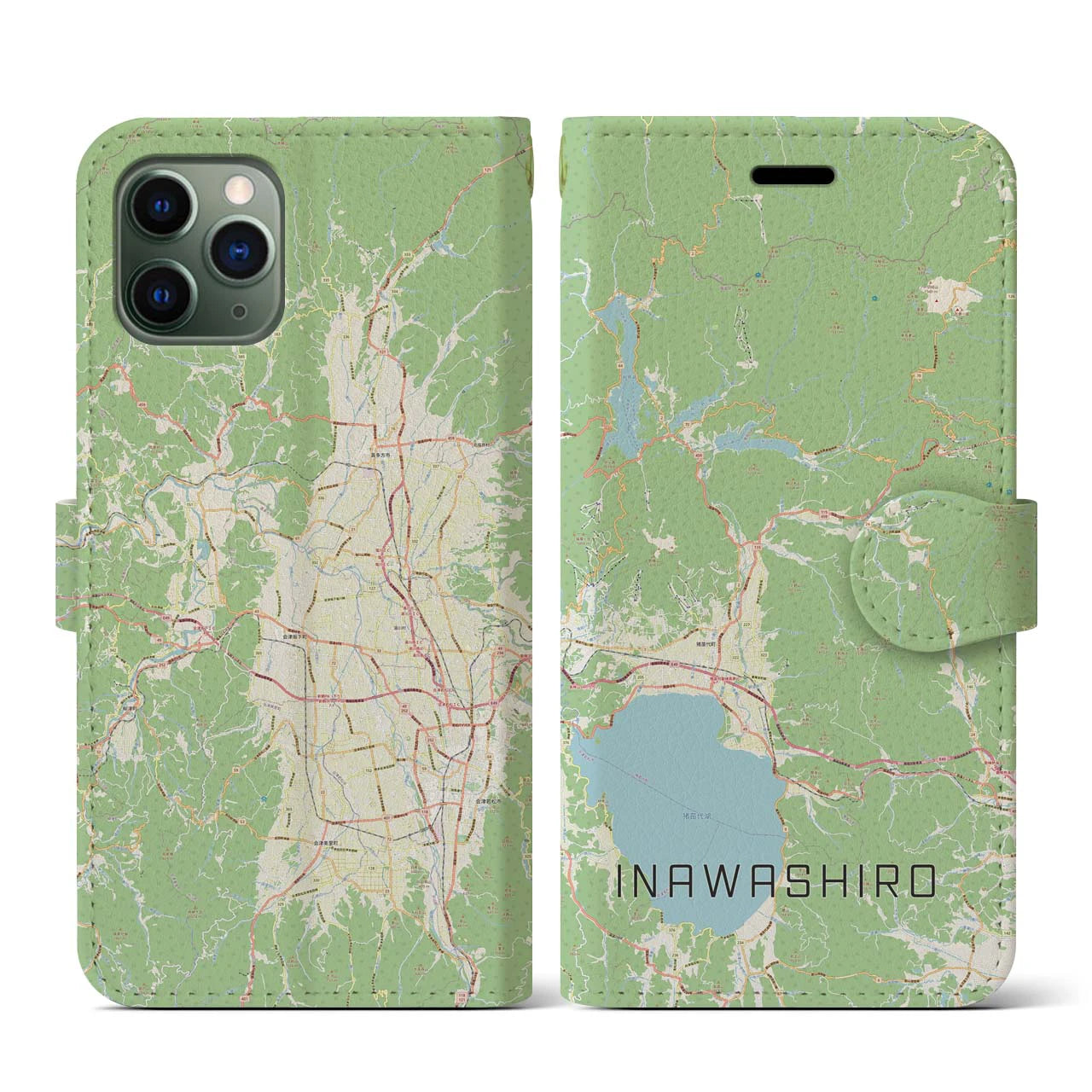 【猪苗代(福島県)】地図柄iPhoneケース(手帳タイプ)ナチュラル・iPhone 11 Pro 用