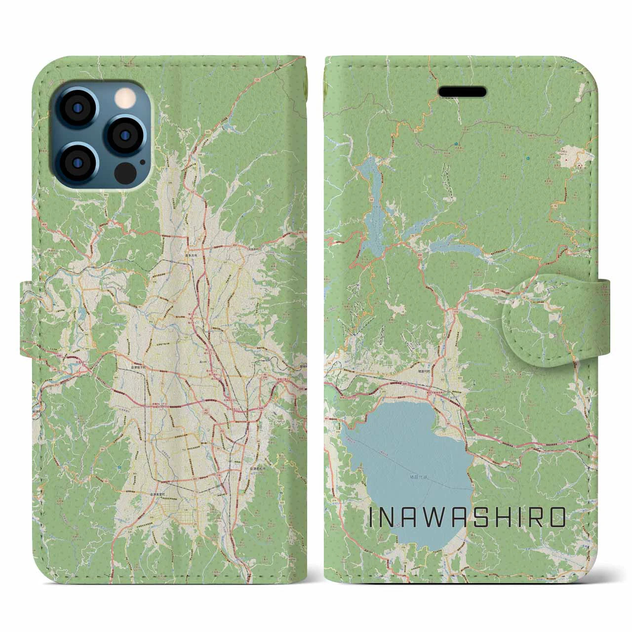 【猪苗代(福島県)】地図柄iPhoneケース(手帳タイプ)ナチュラル・iPhone 12 / 12 Pro 用