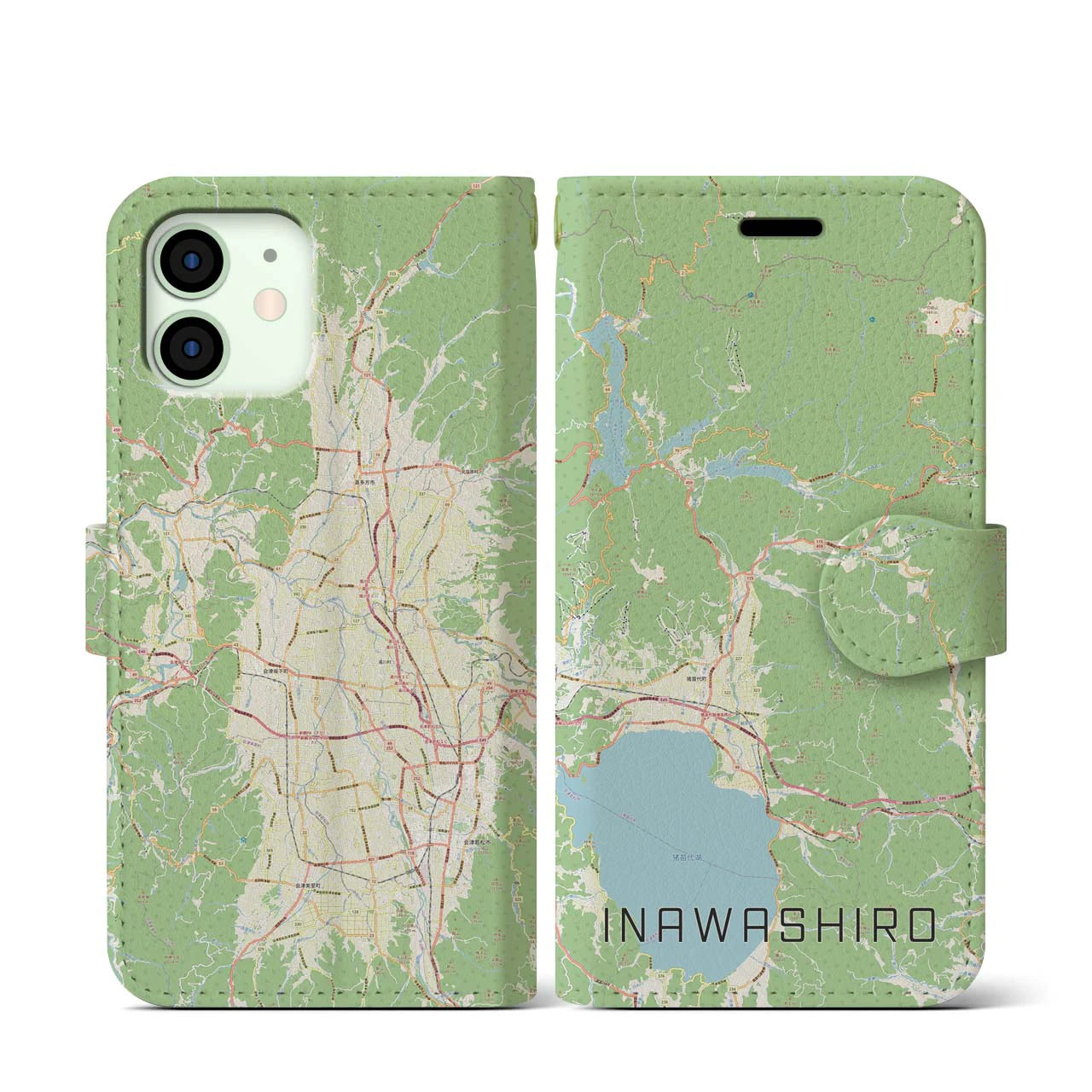 【猪苗代(福島県)】地図柄iPhoneケース(手帳タイプ)ナチュラル・iPhone 12 mini 用