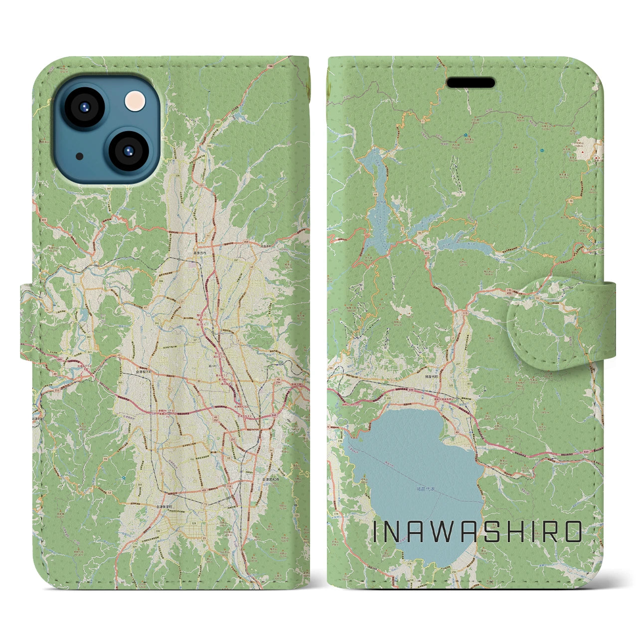【猪苗代(福島県)】地図柄iPhoneケース(手帳タイプ)ナチュラル・iPhone 13 用