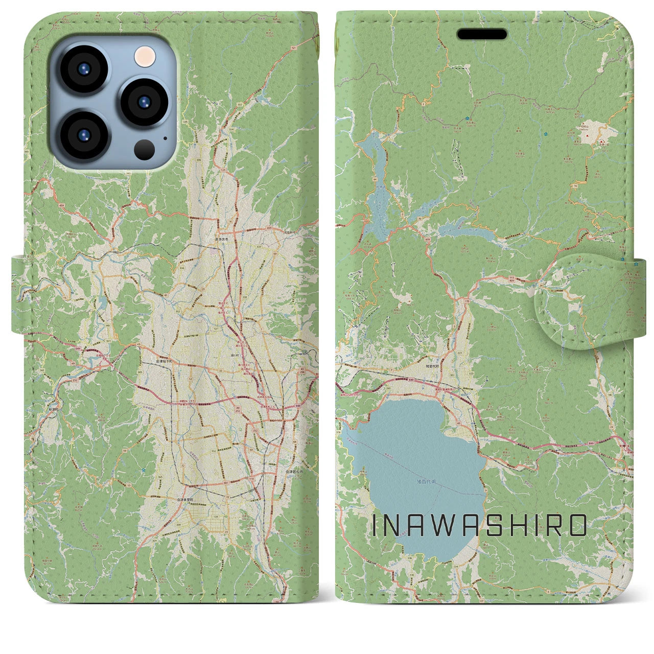 【猪苗代(福島県)】地図柄iPhoneケース(手帳タイプ)ナチュラル・iPhone 13 Pro Max 用