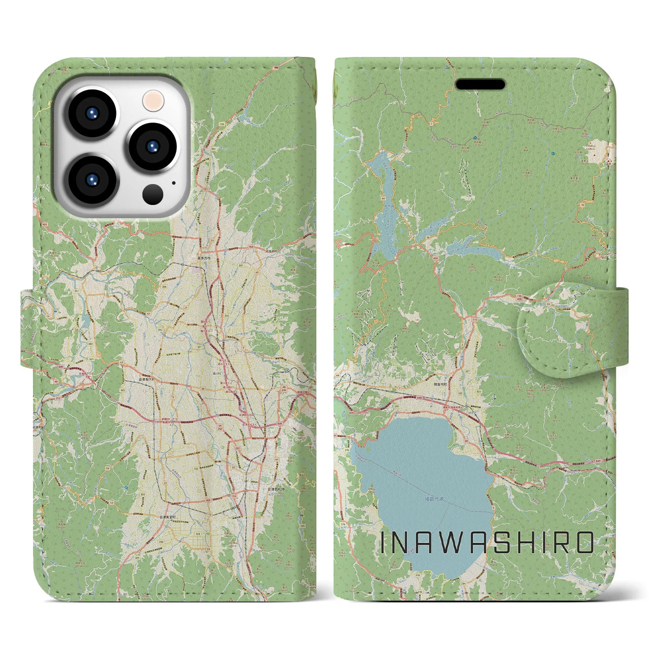 【猪苗代(福島県)】地図柄iPhoneケース(手帳タイプ)ナチュラル・iPhone 13 Pro 用