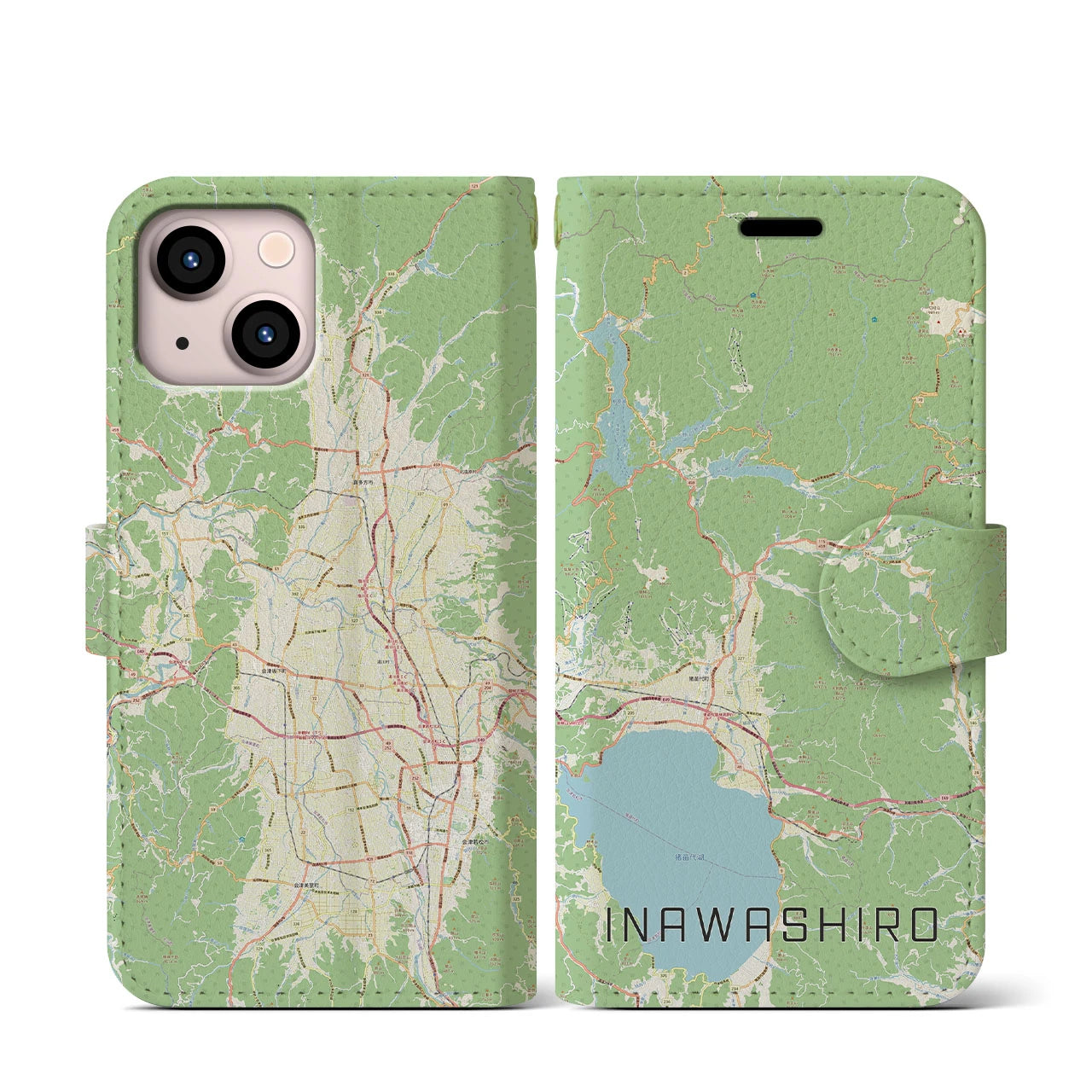 【猪苗代(福島県)】地図柄iPhoneケース(手帳タイプ)ナチュラル・iPhone 13 mini 用
