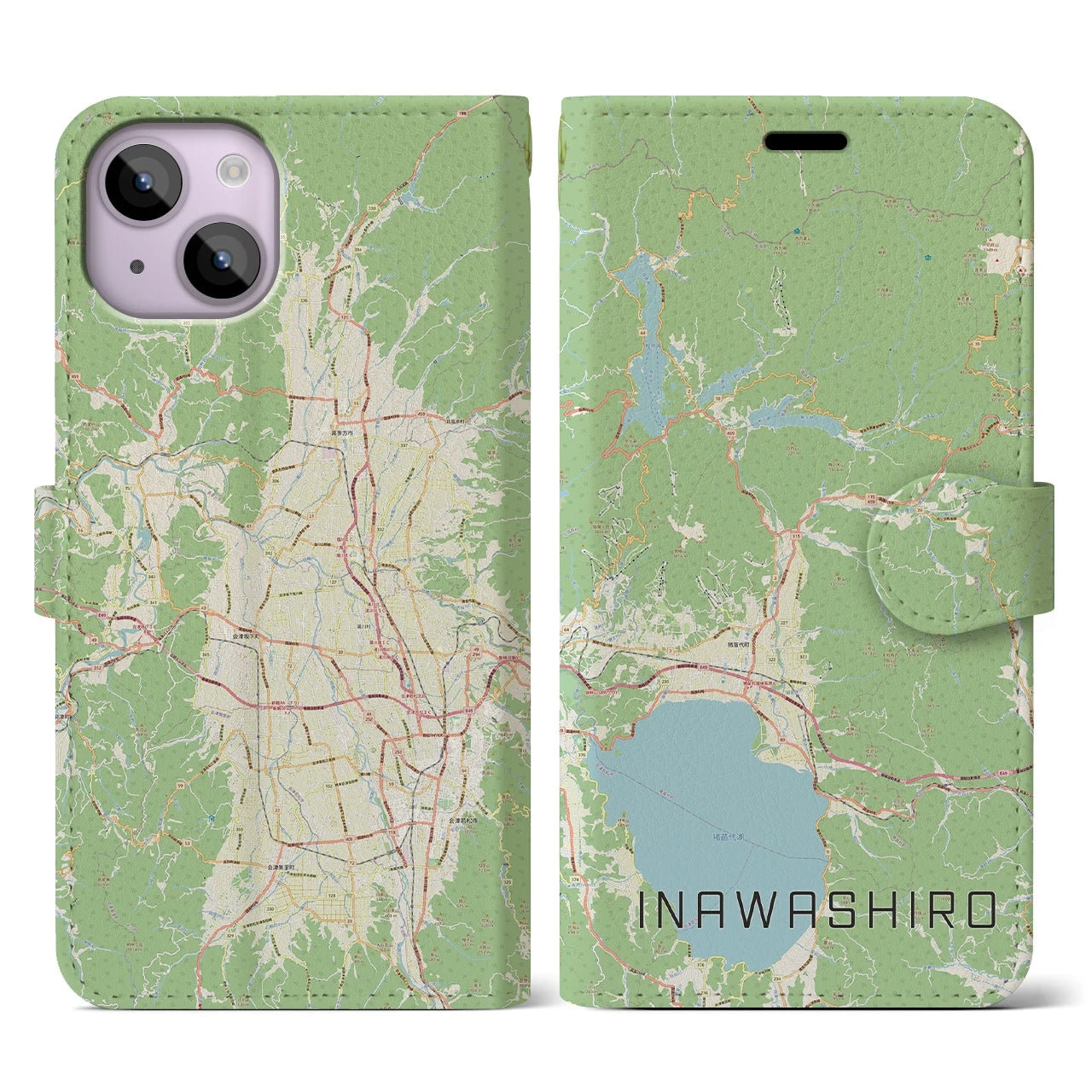 【猪苗代(福島県)】地図柄iPhoneケース(手帳タイプ)ナチュラル・iPhone 14 用