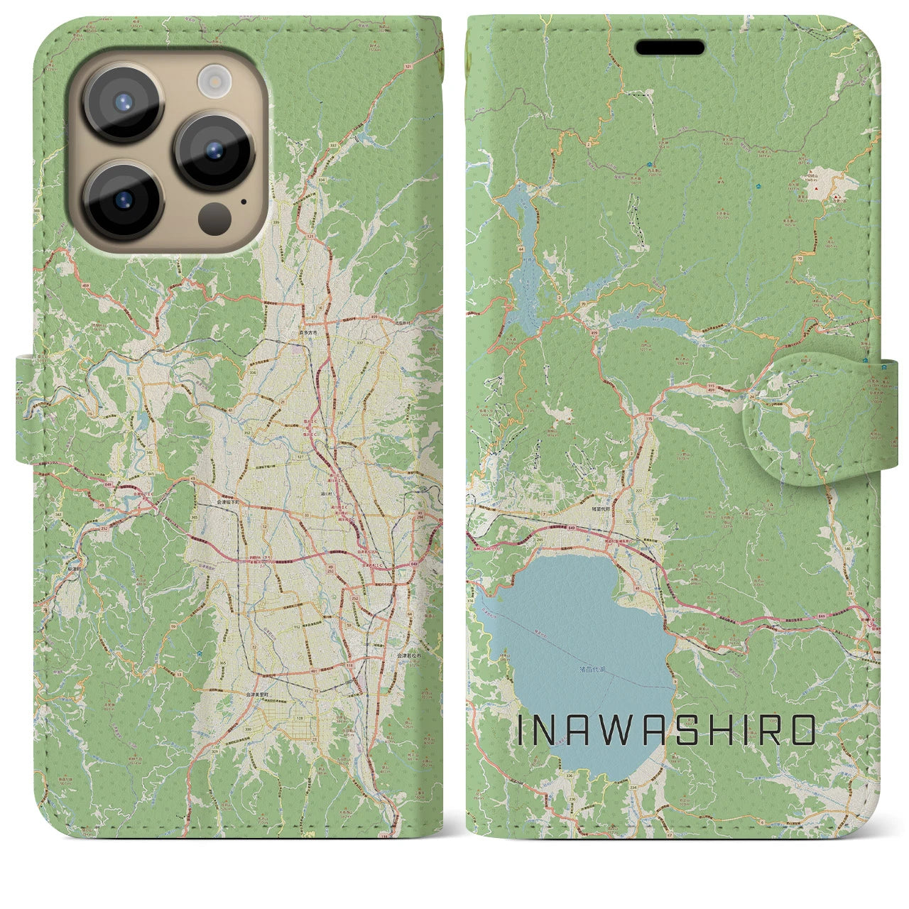 【猪苗代(福島県)】地図柄iPhoneケース(手帳タイプ)ナチュラル・iPhone 14 Pro Max 用