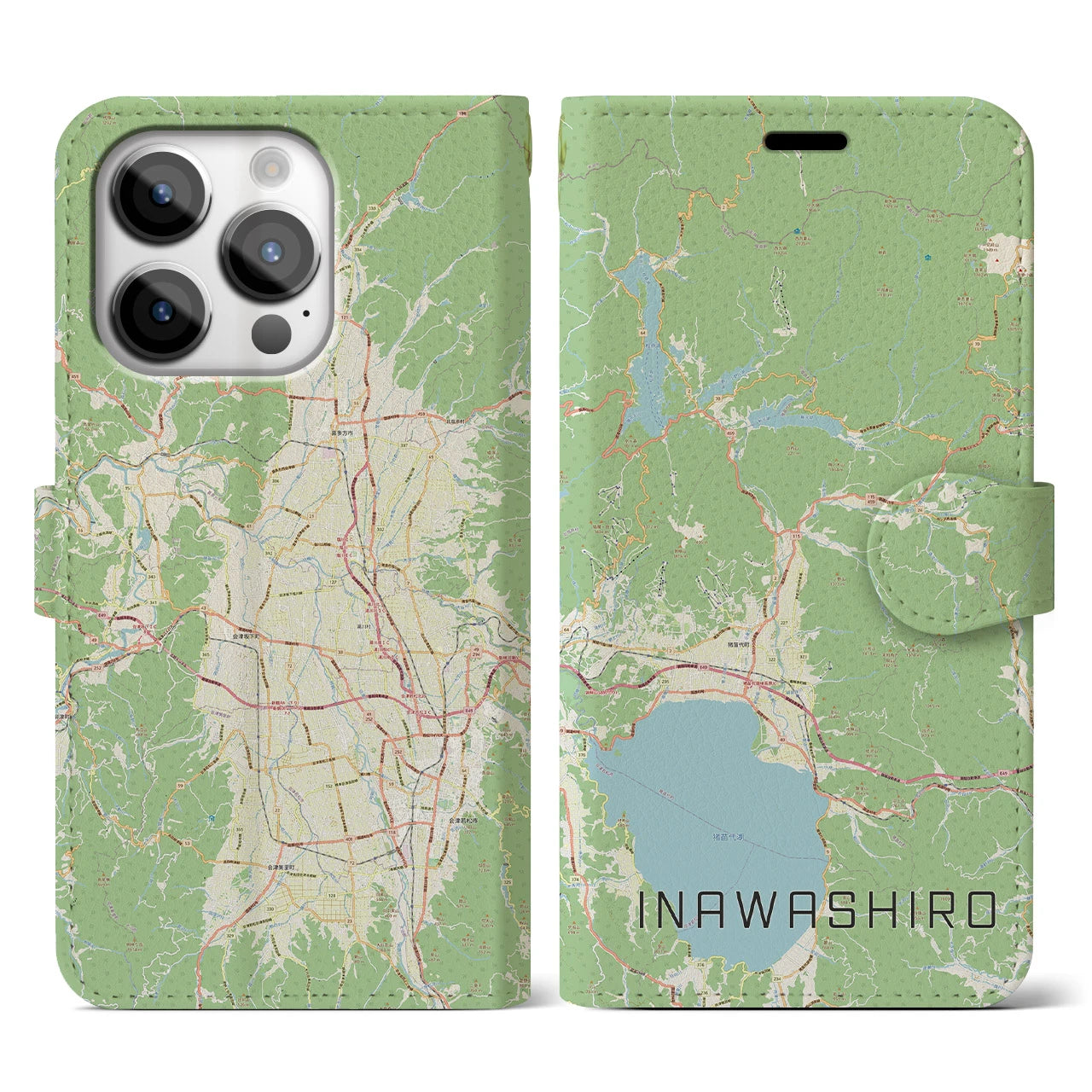 【猪苗代(福島県)】地図柄iPhoneケース(手帳タイプ)ナチュラル・iPhone 14 Pro 用