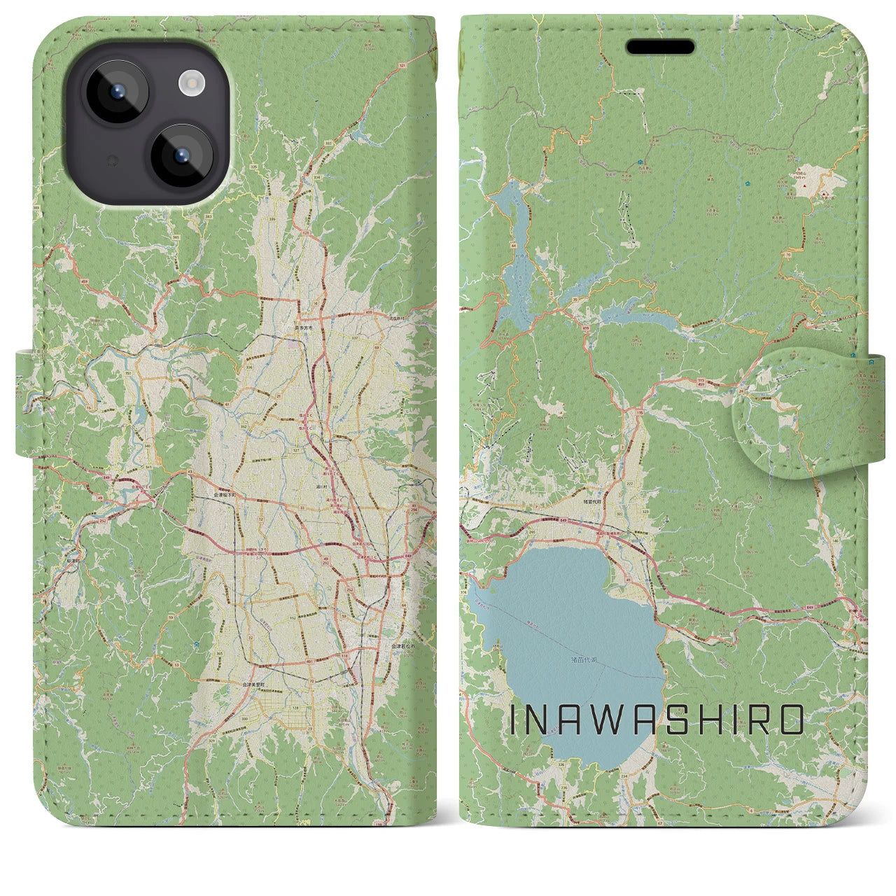 【猪苗代(福島県)】地図柄iPhoneケース(手帳タイプ)ナチュラル・iPhone 14 Plus 用