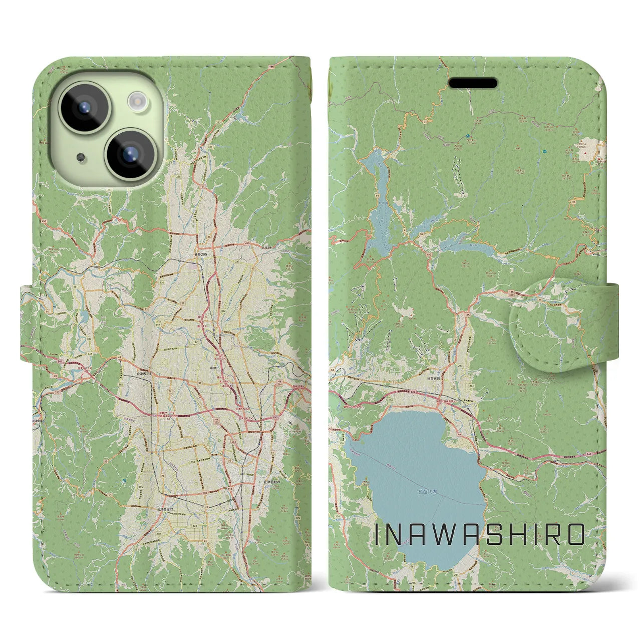 【猪苗代(福島県)】地図柄iPhoneケース(手帳タイプ)ナチュラル・iPhone 15 用