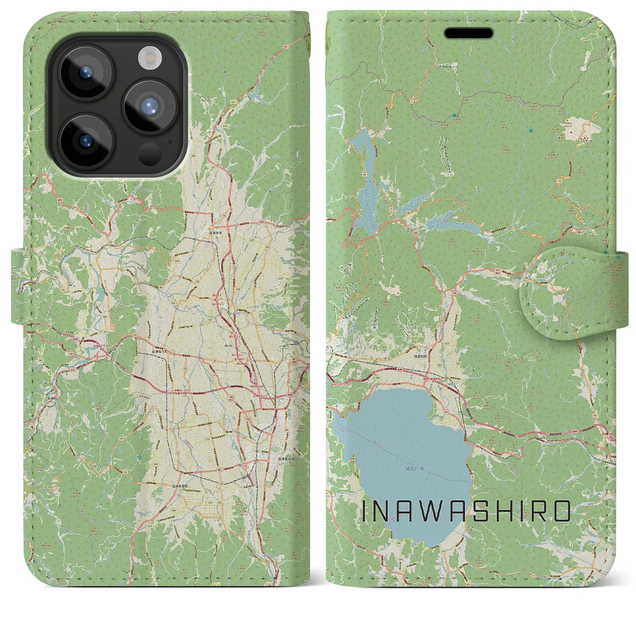 【猪苗代(福島県)】地図柄iPhoneケース(手帳タイプ)ナチュラル・iPhone 15 Pro Max 用