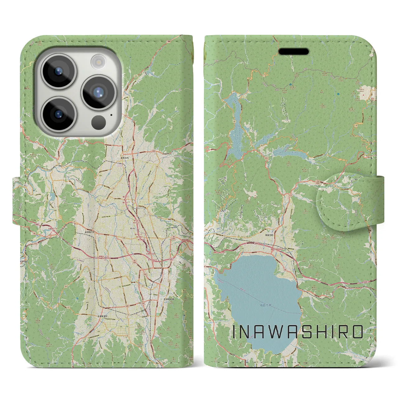 【猪苗代(福島県)】地図柄iPhoneケース(手帳タイプ)ナチュラル・iPhone 15 Pro 用