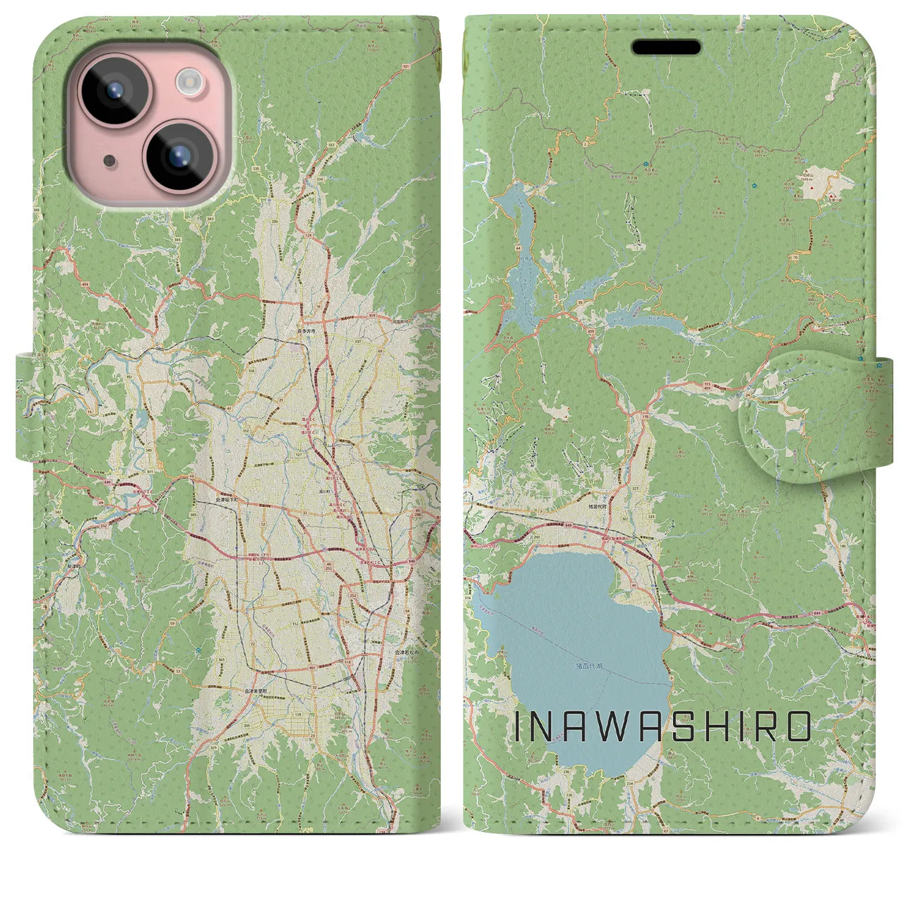 【猪苗代(福島県)】地図柄iPhoneケース(手帳タイプ)ナチュラル・iPhone 15 Plus 用