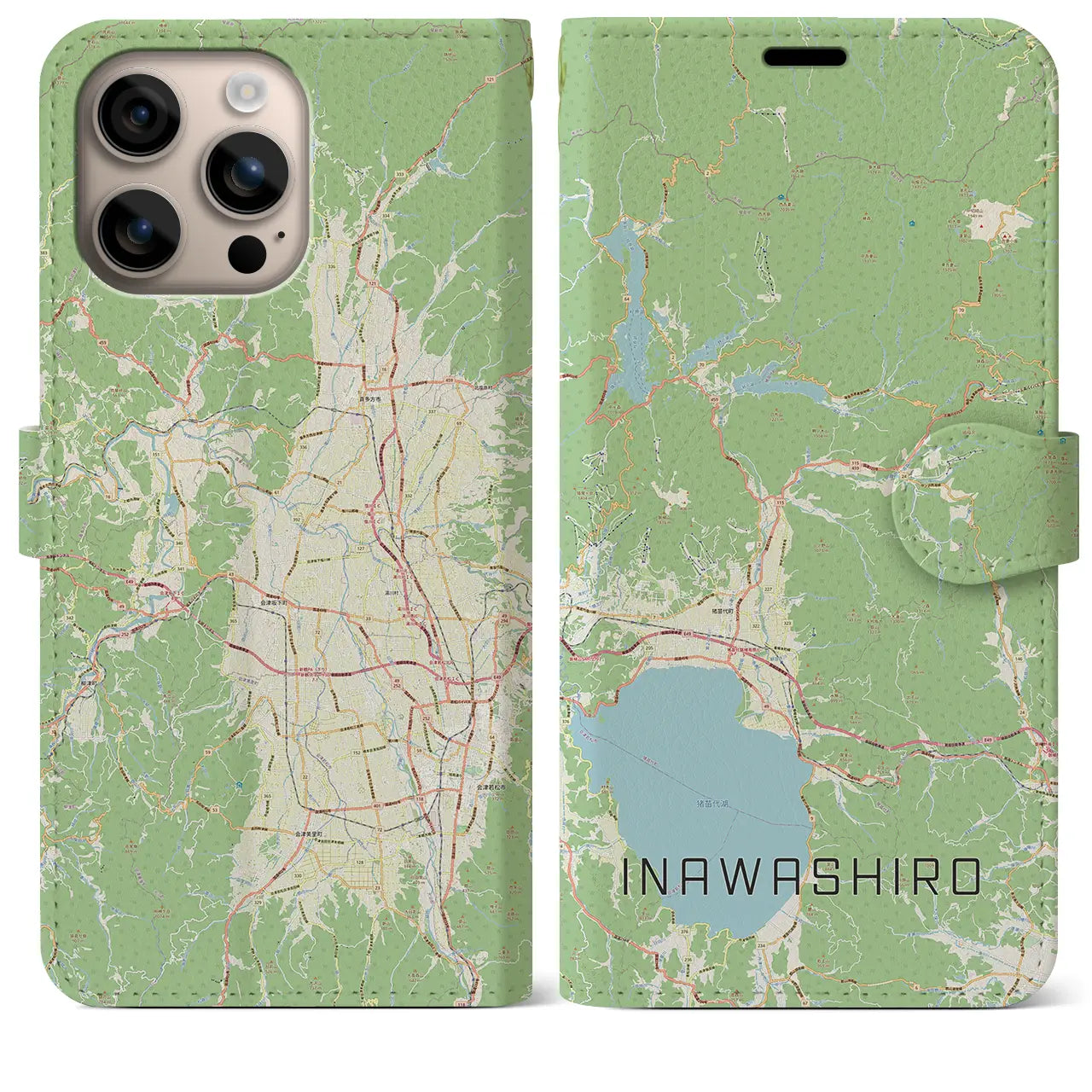 【猪苗代(福島県)】地図柄iPhoneケース(手帳タイプ)ナチュラル・iPhone 16 Plus 用