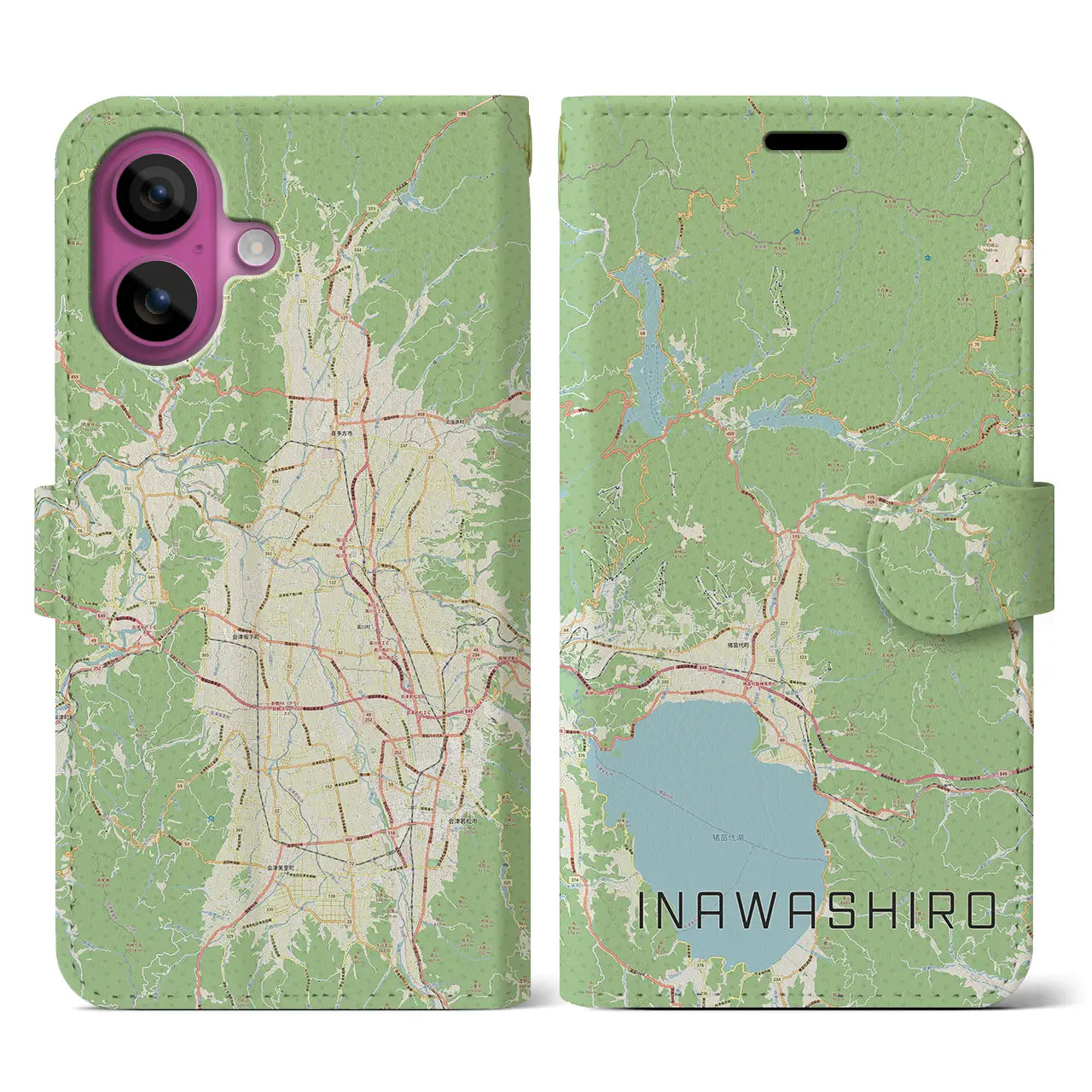 【猪苗代(福島県)】地図柄iPhoneケース(手帳タイプ)ナチュラル・iPhone 16 Pro 用