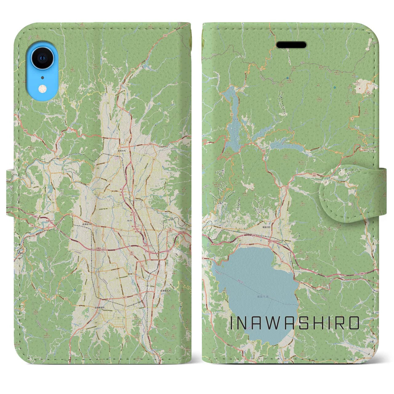 【猪苗代(福島県)】地図柄iPhoneケース(手帳タイプ)ナチュラル・iPhone XR 用