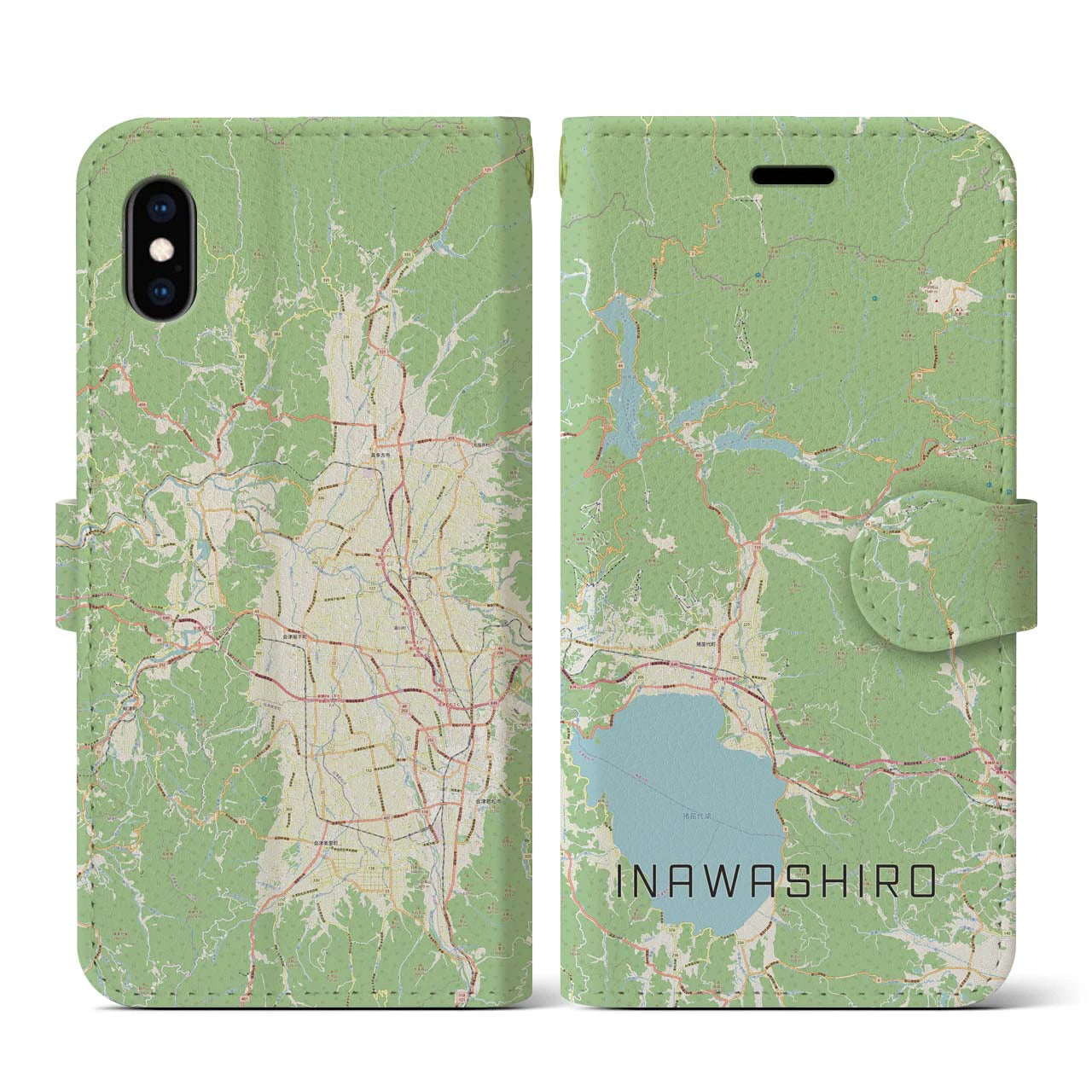 【猪苗代(福島県)】地図柄iPhoneケース(手帳タイプ)ナチュラル・iPhone XS / X 用