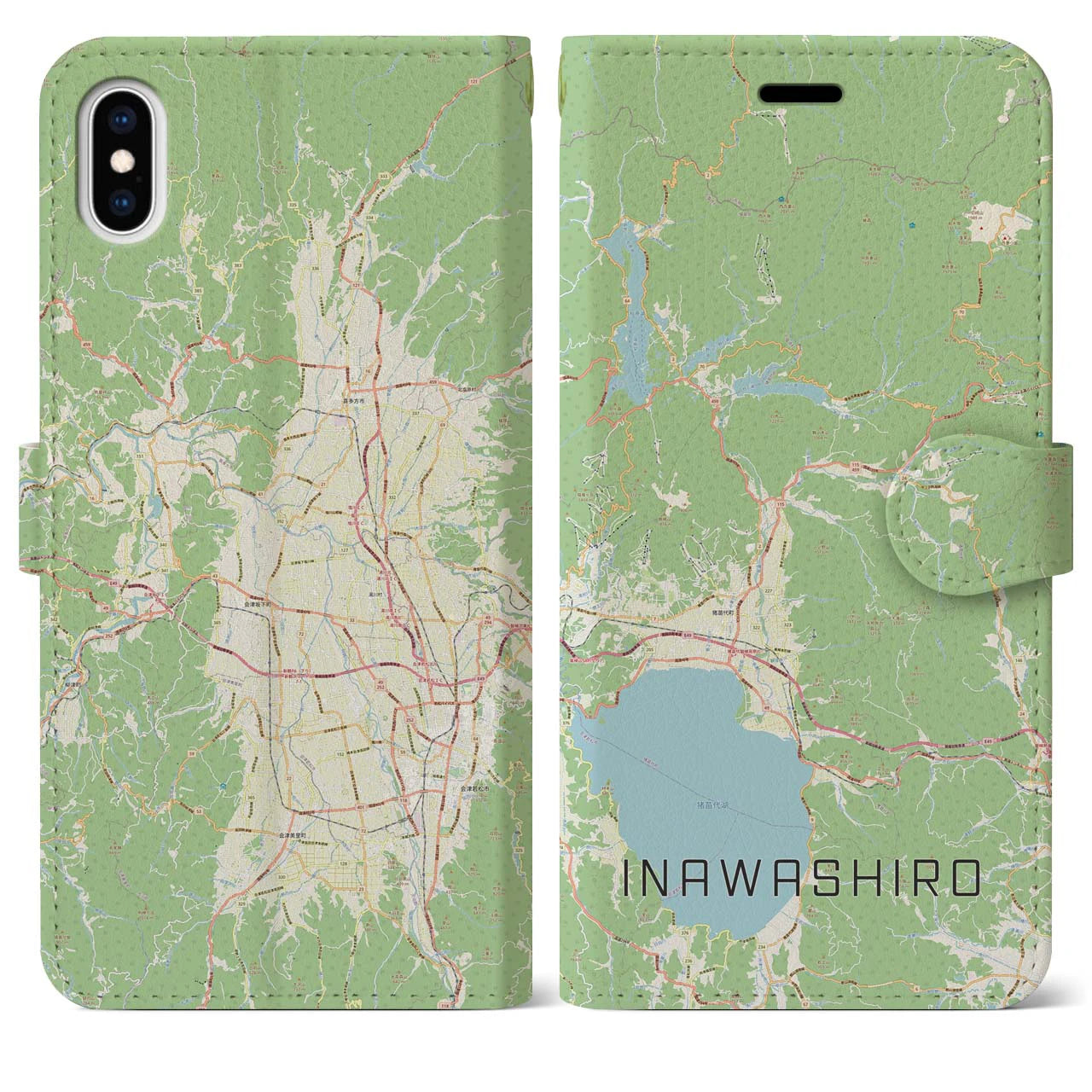 【猪苗代(福島県)】地図柄iPhoneケース(手帳タイプ)ナチュラル・iPhone XS Max 用