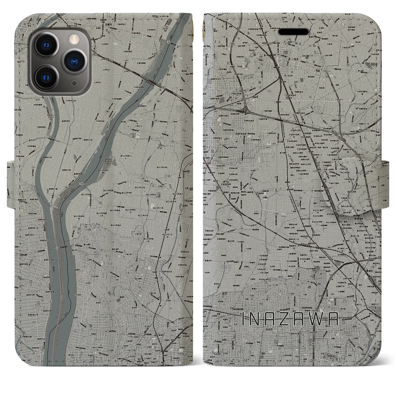 【稲沢(愛知県)】地図柄iPhoneケース(手帳タイプ)モノトーン・iPhone 11 Pro Max 用