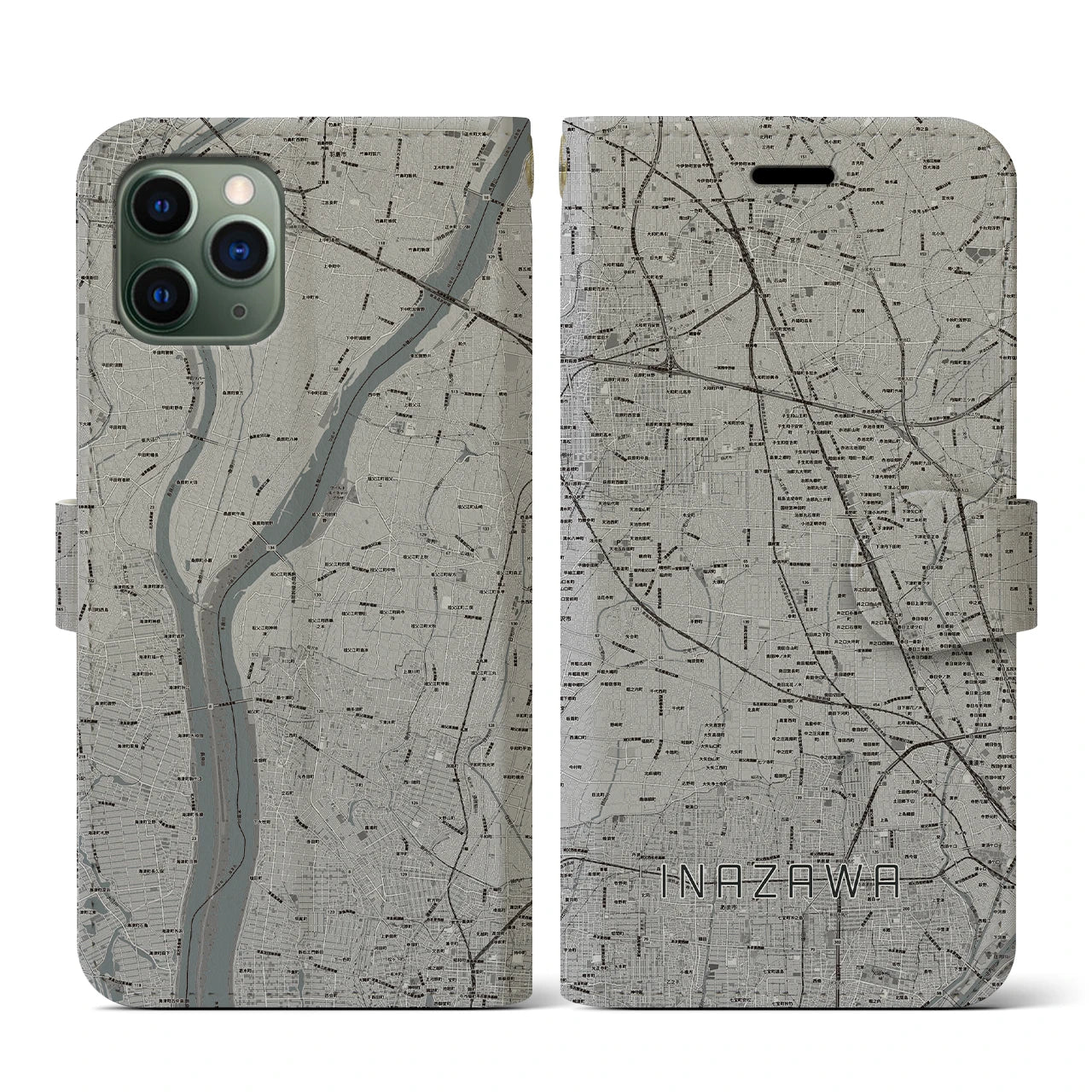 【稲沢(愛知県)】地図柄iPhoneケース(手帳タイプ)モノトーン・iPhone 11 Pro 用