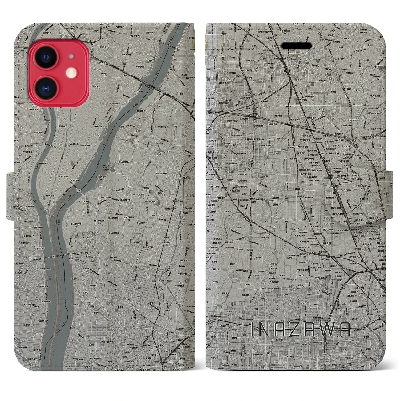 【稲沢(愛知県)】地図柄iPhoneケース(手帳タイプ)モノトーン・iPhone 11 用